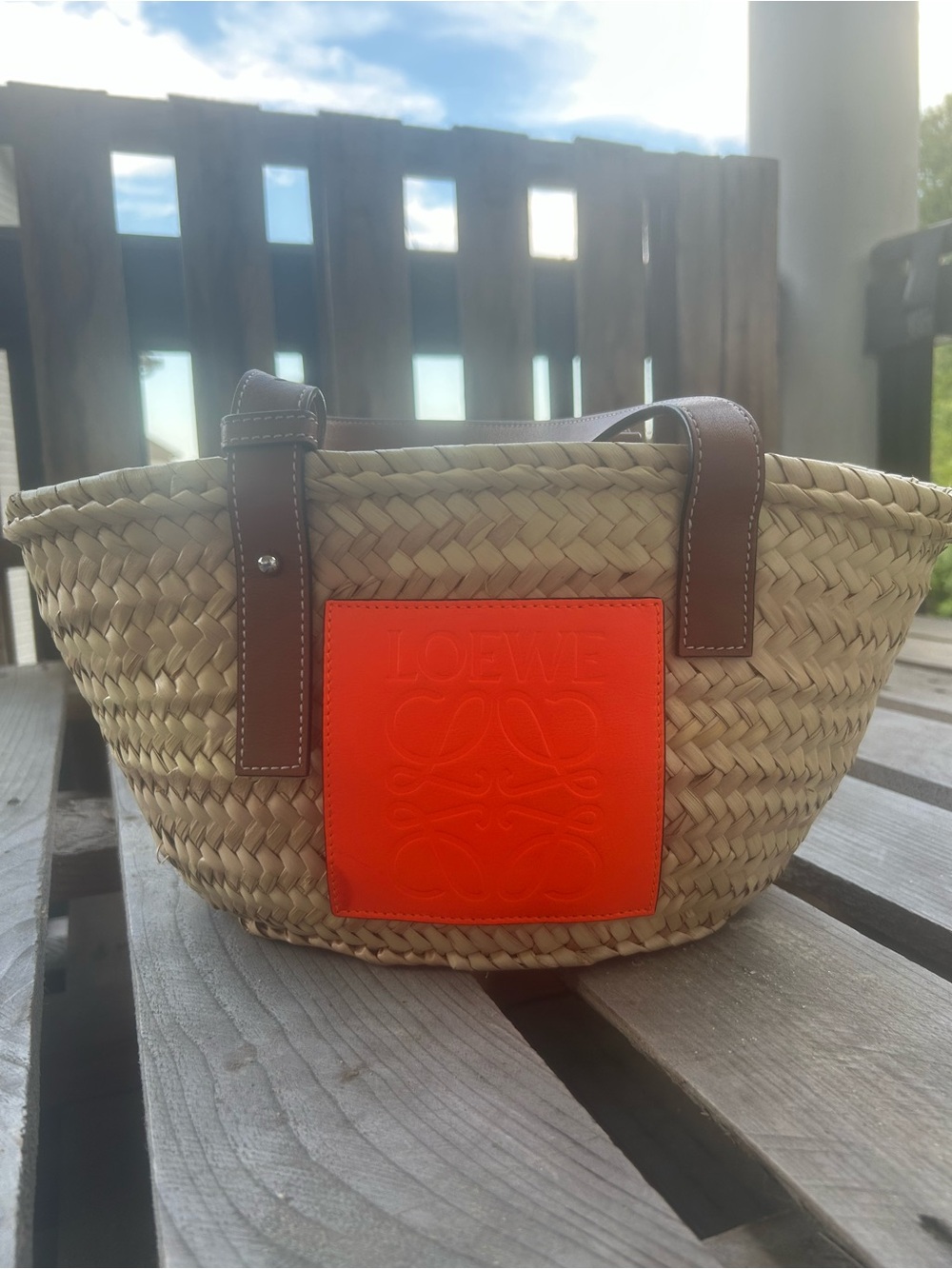 LOEWE Small Square Basket Bag Natural Palm Leaf Tan Calfskin Neon Orange Anagram